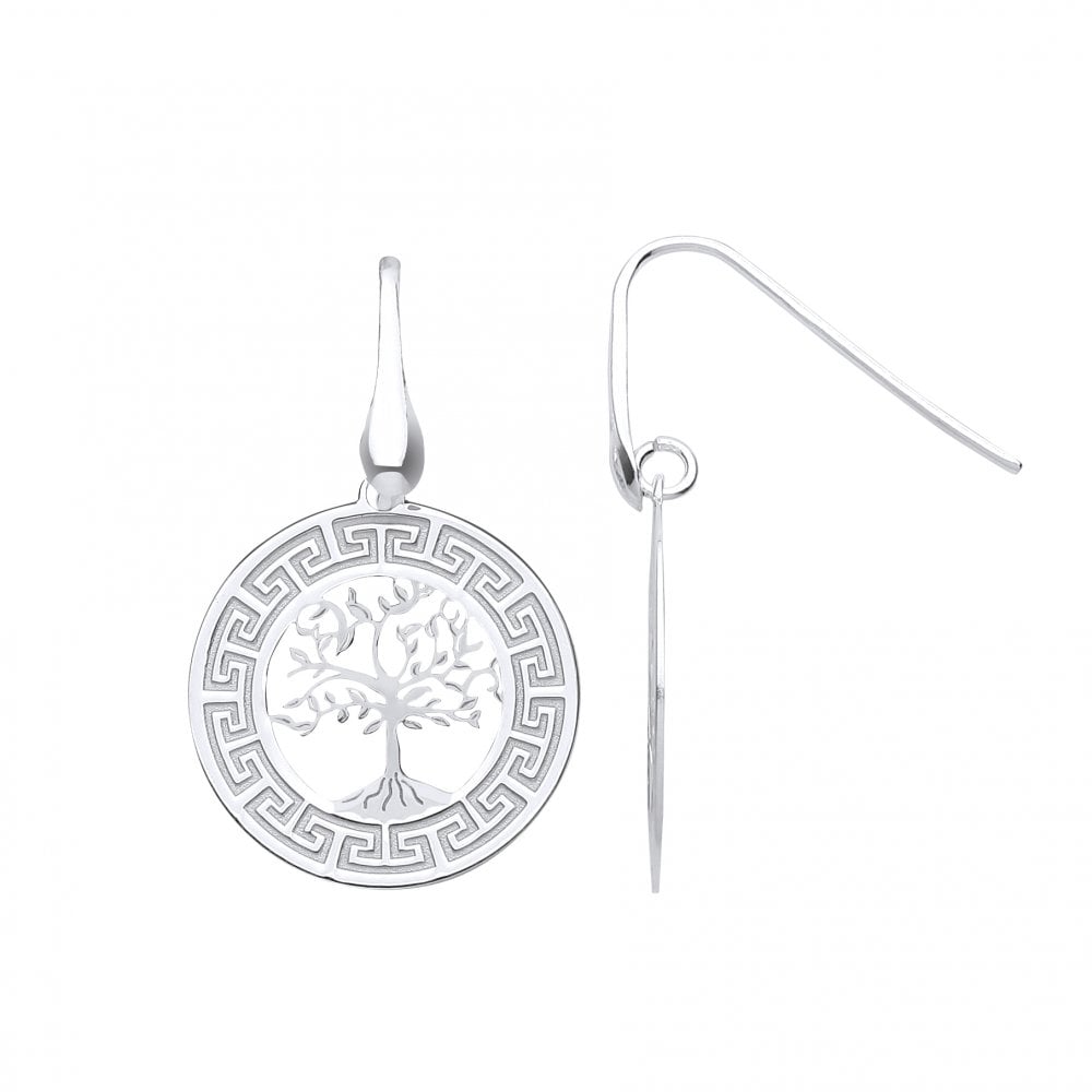 925 Sterling Silver Tree Of Life Drop Earrings With Greek Key Pattern