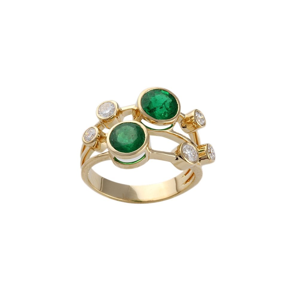Yellow Gold 0.70ct Round Diamond and 2.62ct Round Emerald set Bubble Ring