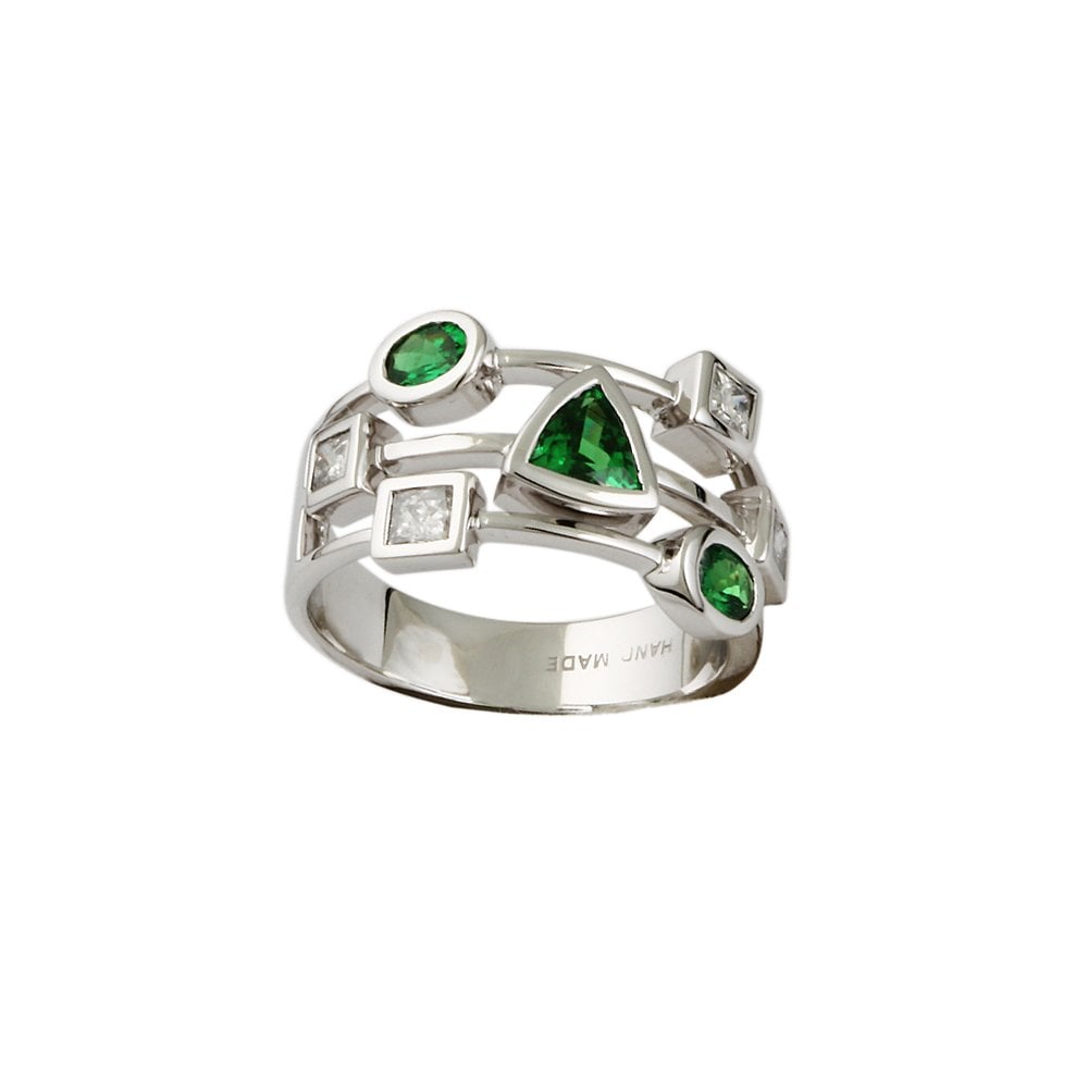 White Gold Seven Stone 0.40ct Princess Cut Diamond and 0.85ct Multiple Shaped Tsavorite Set Bubble Ring