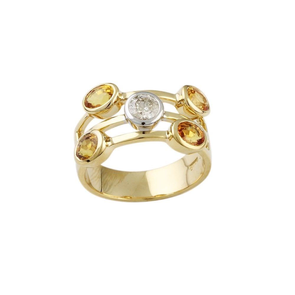 Yellow and White Gold Five Stone 0.35ct Round Brilliant Cut Diamond and 2.03ct Oval Yellow Sapphire Bubble Ring