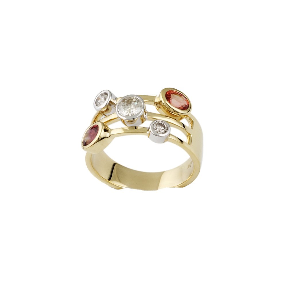 Yellow and  White Gold Five Stone 0.52ct Round Brilliant Cut Diamond and 0.92ct Oval Sapphire Bubble Ring