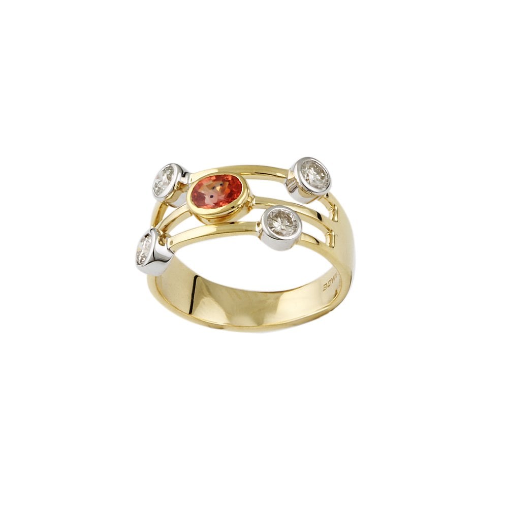 Yellow and White Gold Five Stone 0.51ct Round Brilliant Cut Diamond and 0.52ct Oval Orange Sapphire Bubble Ring