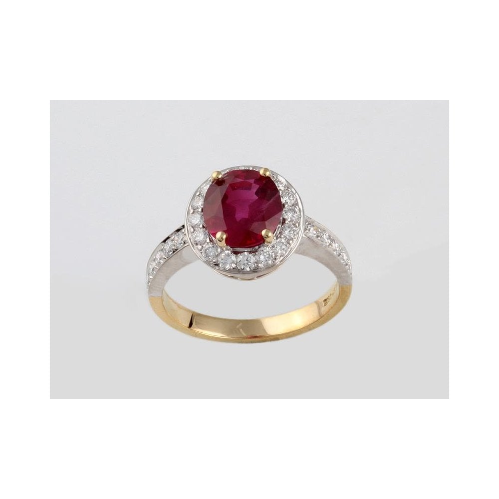 18ct Yellow And White Gold Ruby 2.19ct And Diamond 0.57ct Cluster Ring With Diamond Set Shoulders