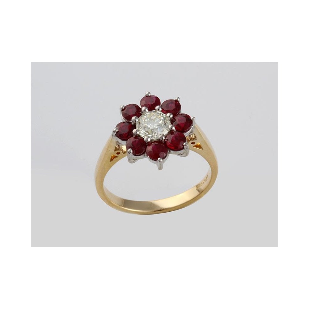 Bespoke 18ct Yellow And White Gold Ruby 1.41ct And Diamond 0.71ct Flower Cluster Ring