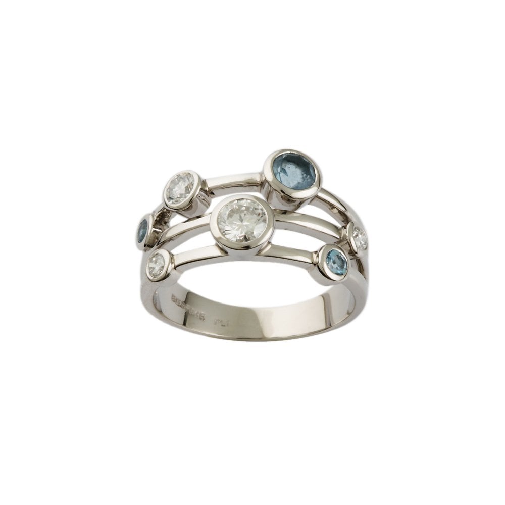 White Gold Seven Stone 0.56ct Round Brilliant Cut Diamond and 0.40ct Round Aqumarine Bubble Ring