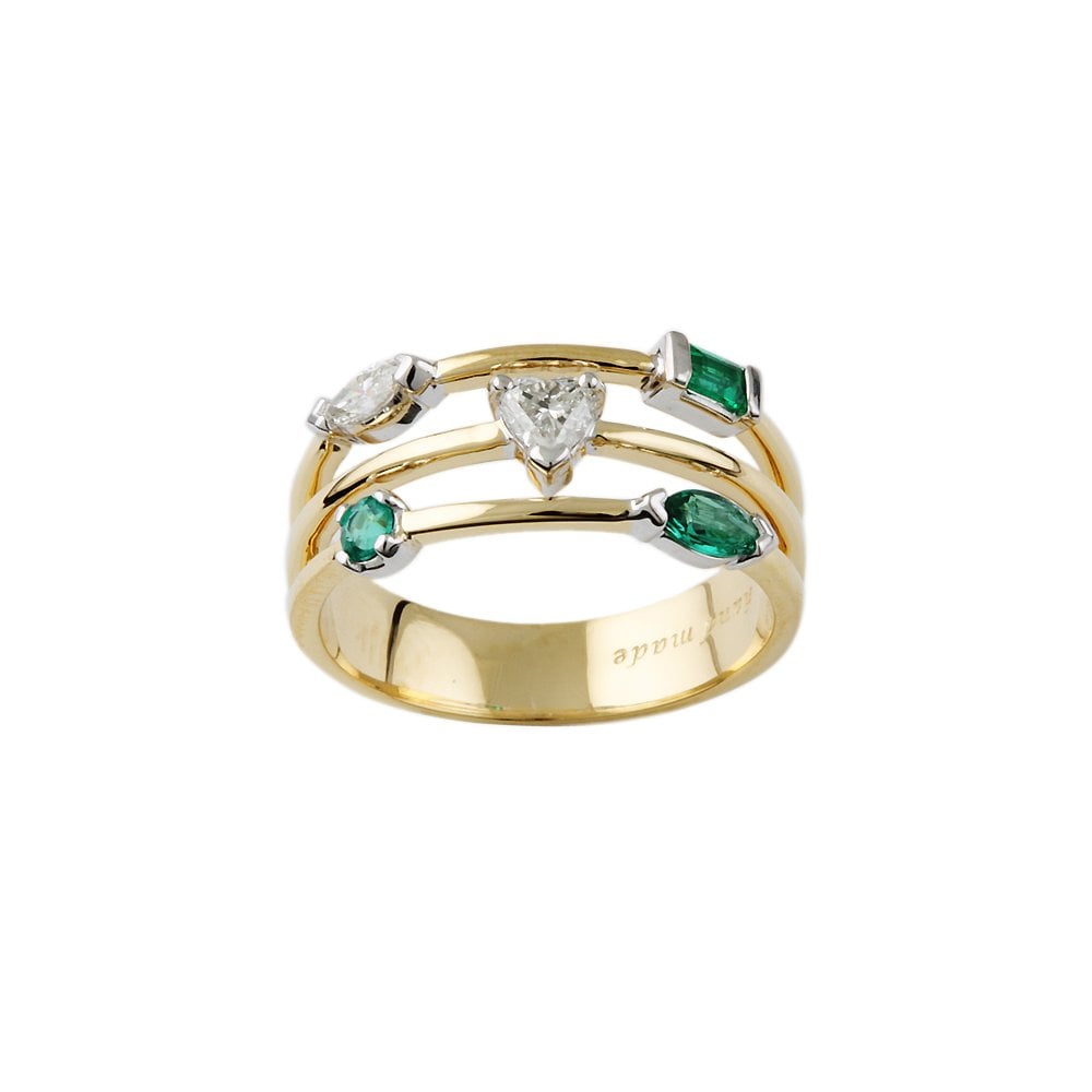 Yellow and White Gold Five Stone 0.30ct Multi Shaped Diamond and 0.23ct Emerald Bubble Ring