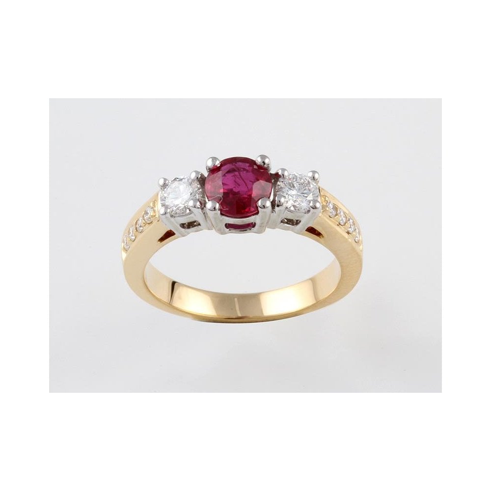 18ct Yellow And White Gold Ruby 0.63ct And Diamond 0.37ct Three Stone Ring With Diamond Set Shoulders