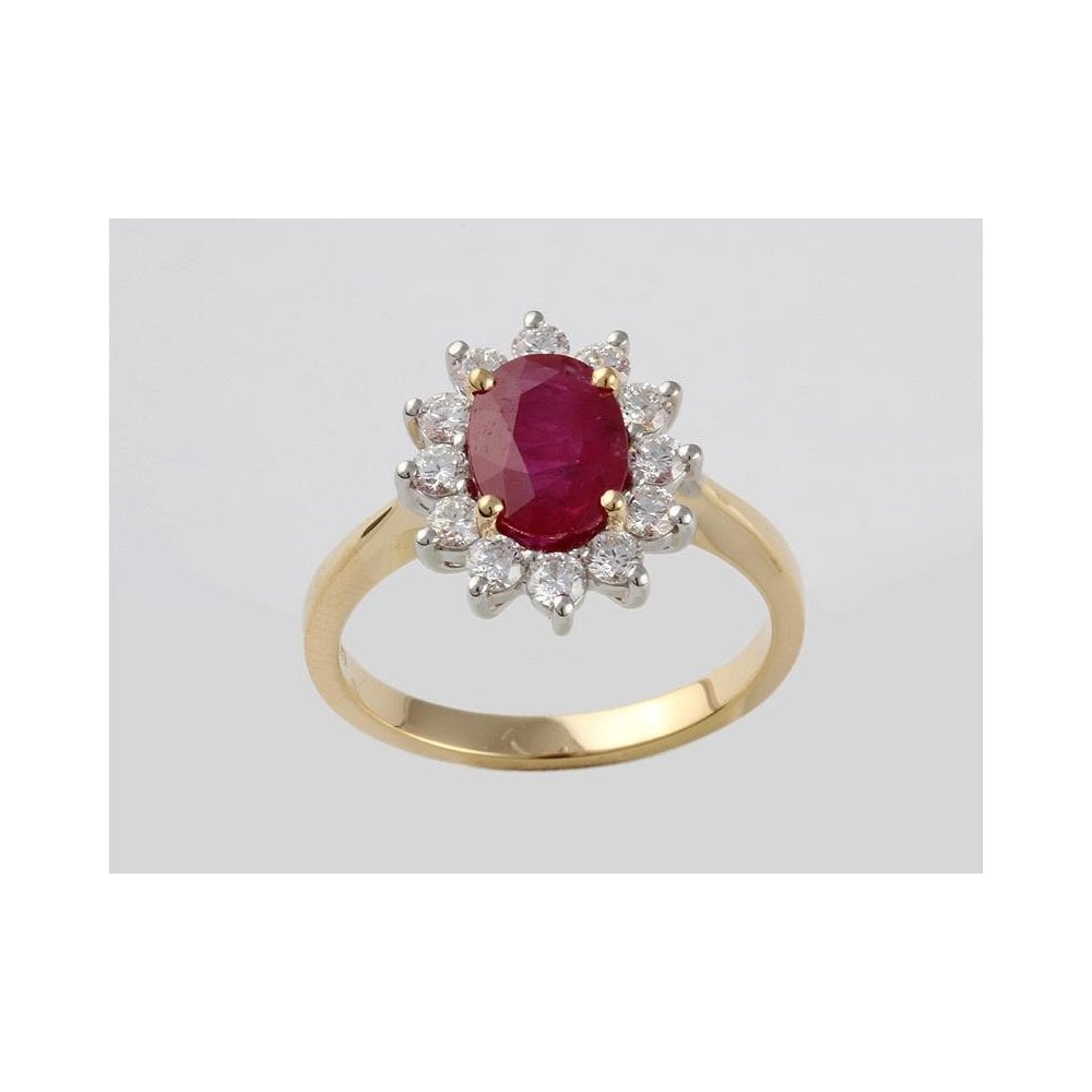 Handmade 18ct Yellow Gold Ruby 1.69ct And Diamond 0.57ct Cluster Ring With A Platinum Setting