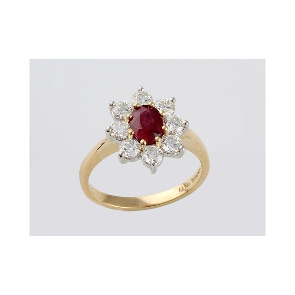 18ct Yellow Gold Ruby 0.94ct And Diamond 1.06ct Cluster Ring With A Platinum Setting