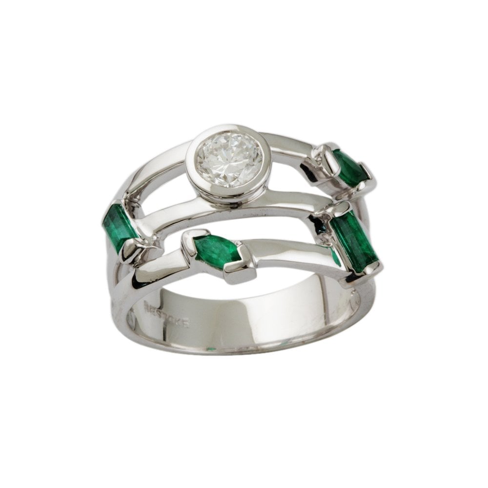 White Gold 0.35ct Round Cut Diamond and 0.40ct Multiple Shaped Emerald Bubble Ring