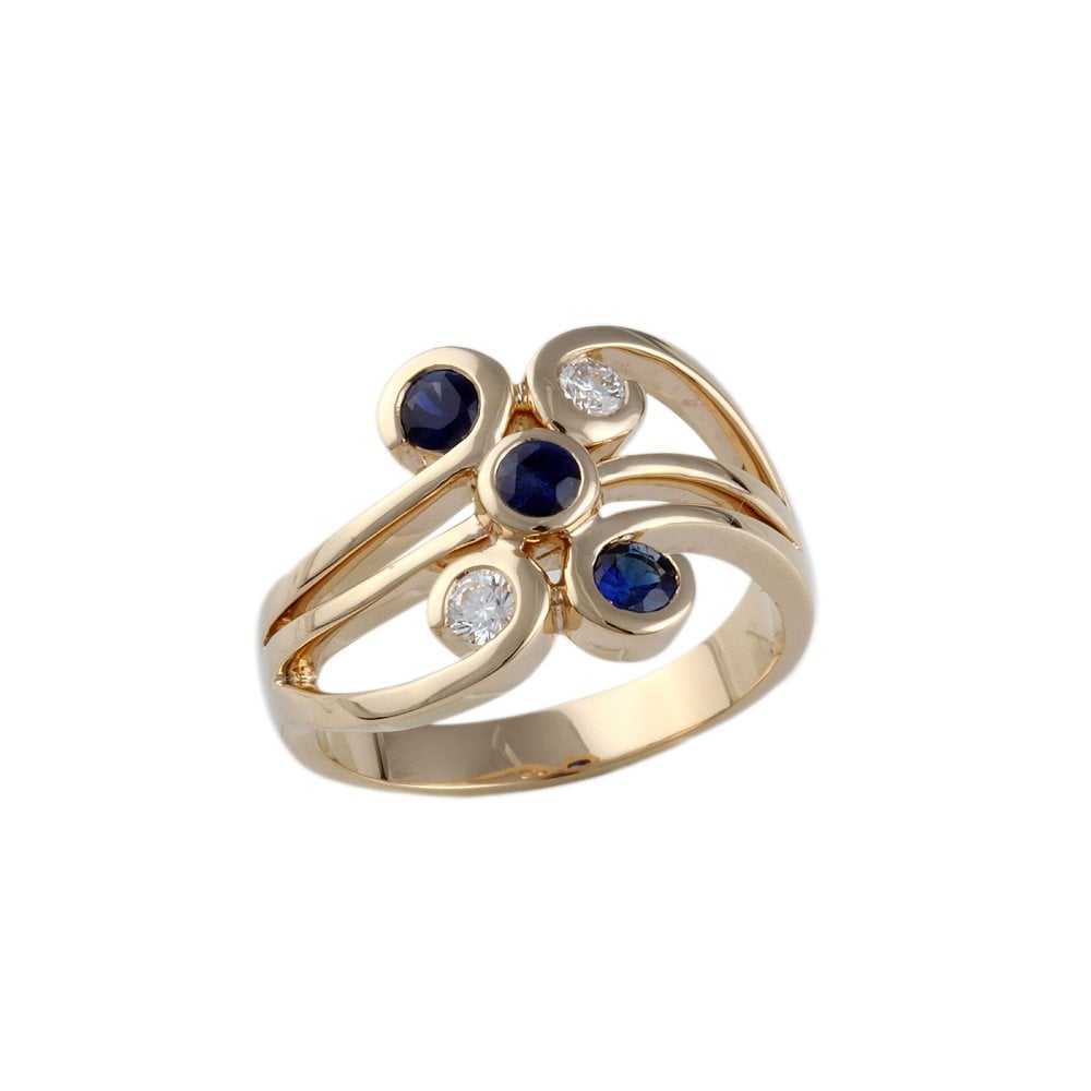 Yellow Gold Five Stone 0.21ct Round Brilliant Cut Diamond and 0.55ct Round Blue Sapphire Set Bubble Ring