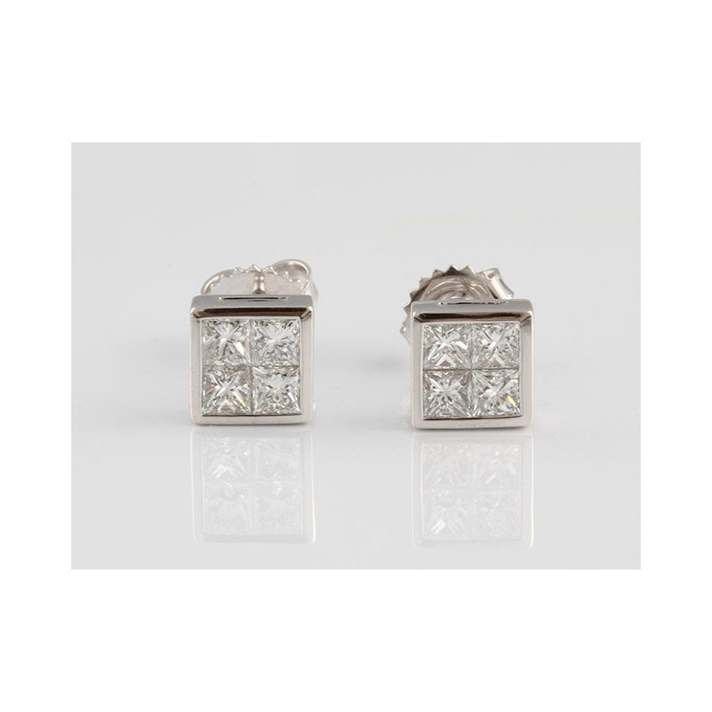 18ct White Gold Invisible Set Diamond Stud Earrings 1.30ct