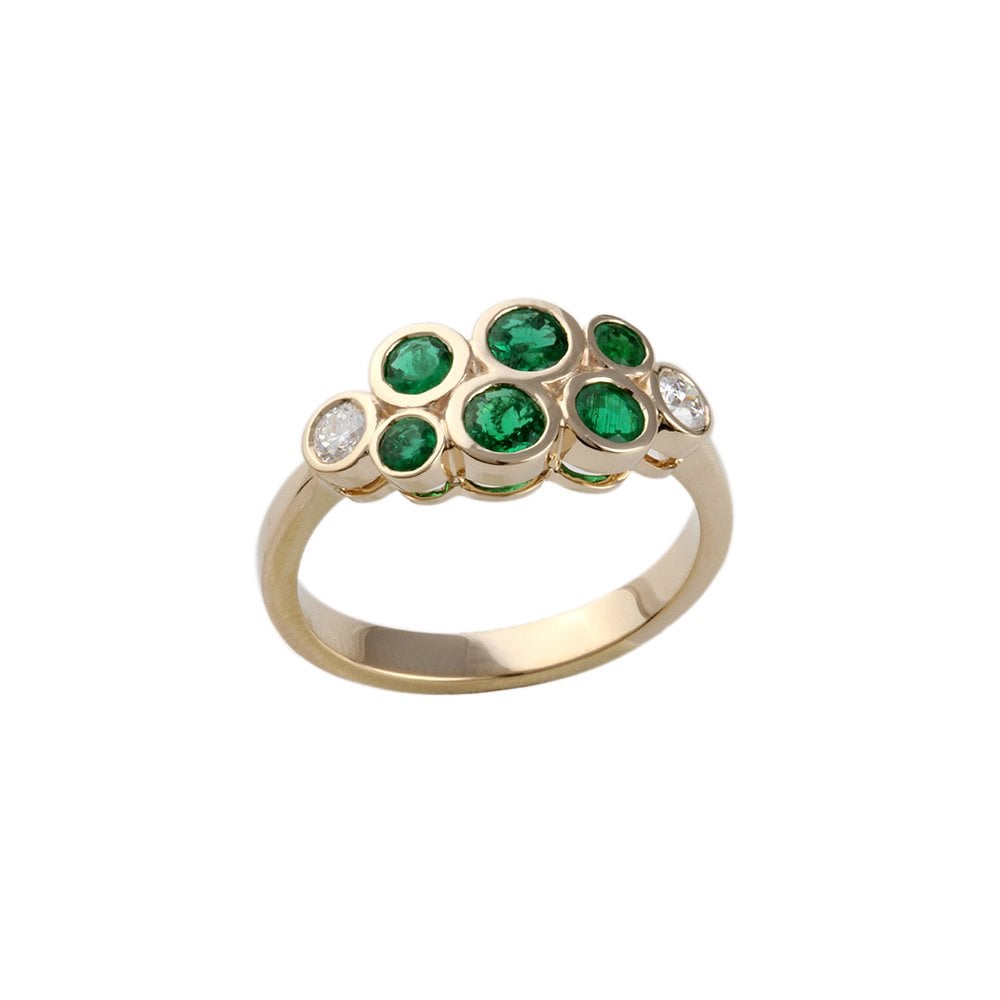 Yellow Gold Eight Stone 0.16ct Round Brilliant Diamond and 0.66ct Round Emerald Set Bubble Ring
