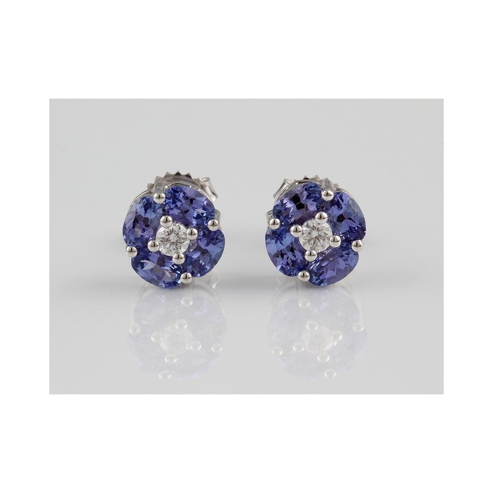 18ct White Gold Tanzanite 2.21ct And Diamond 0.21ct Cluster Earrings