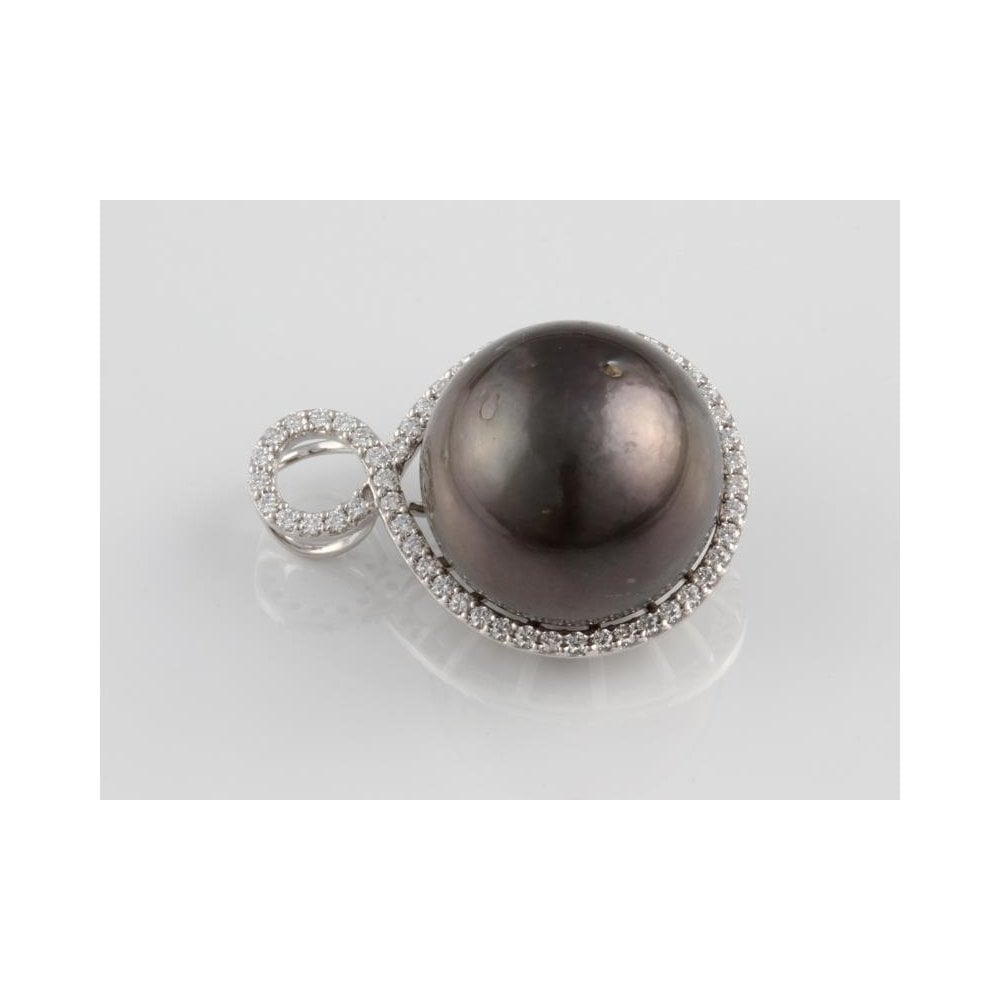 18ct White Gold Black Pearl 36.85 And Diamond 0.49ct Pendant