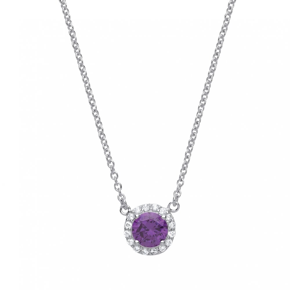 925 Sterling Silver Necklace With CZ & Amethyst Round Pendant