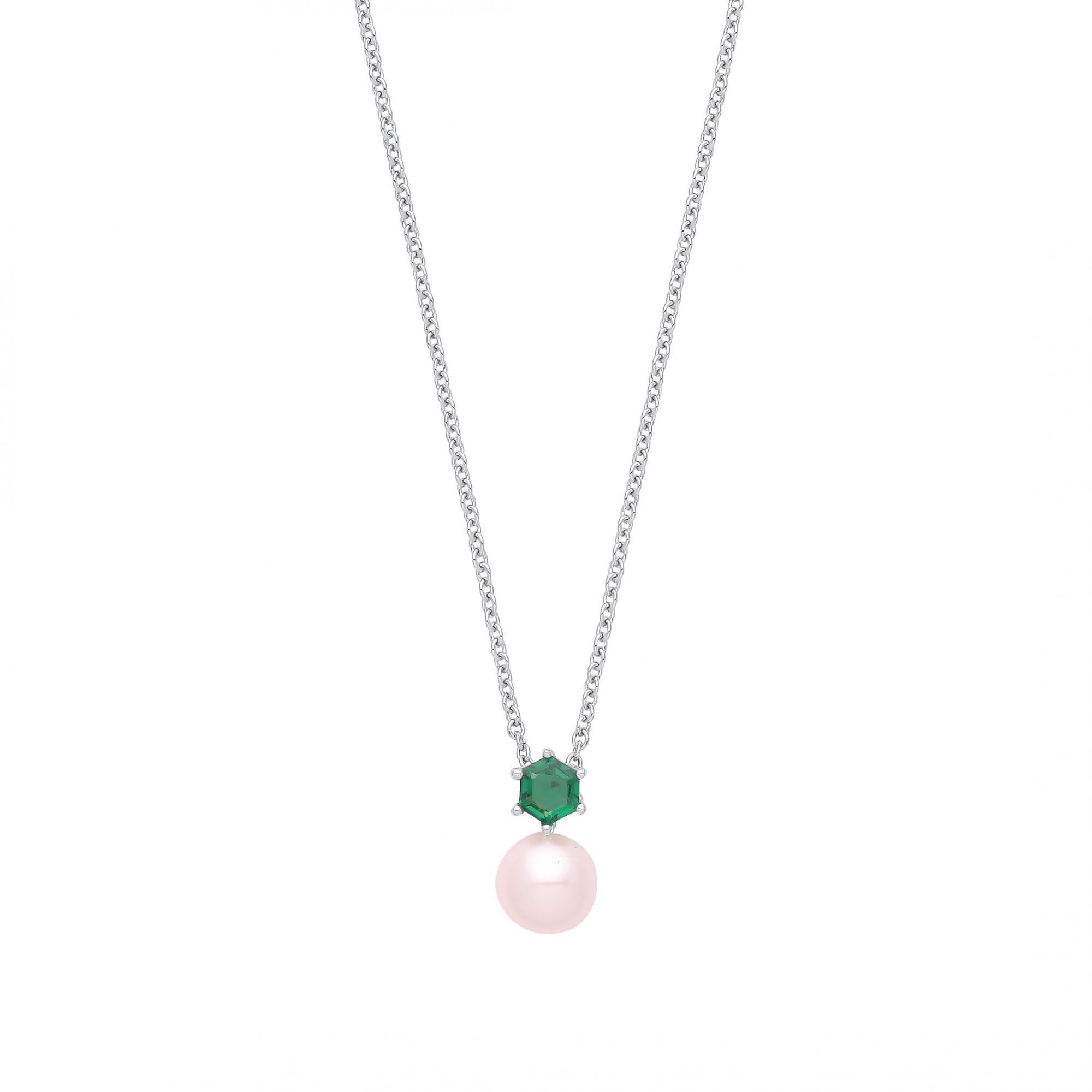 925 Sterling Silver Emerald & Fresh Water Pearl Fancy Necklace