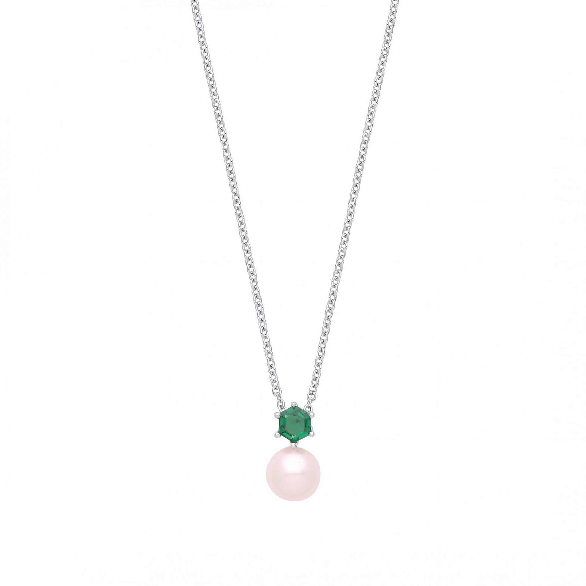 925 Sterling Silver Emerald & Fresh Water Pearl Fancy Necklace