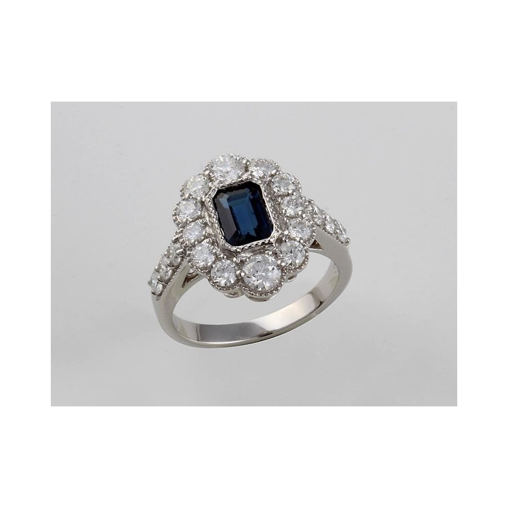 Platinum Sapphire 1.26ct And Diamond 1.41ct Cluster Ring With Diamond Set Shoulders