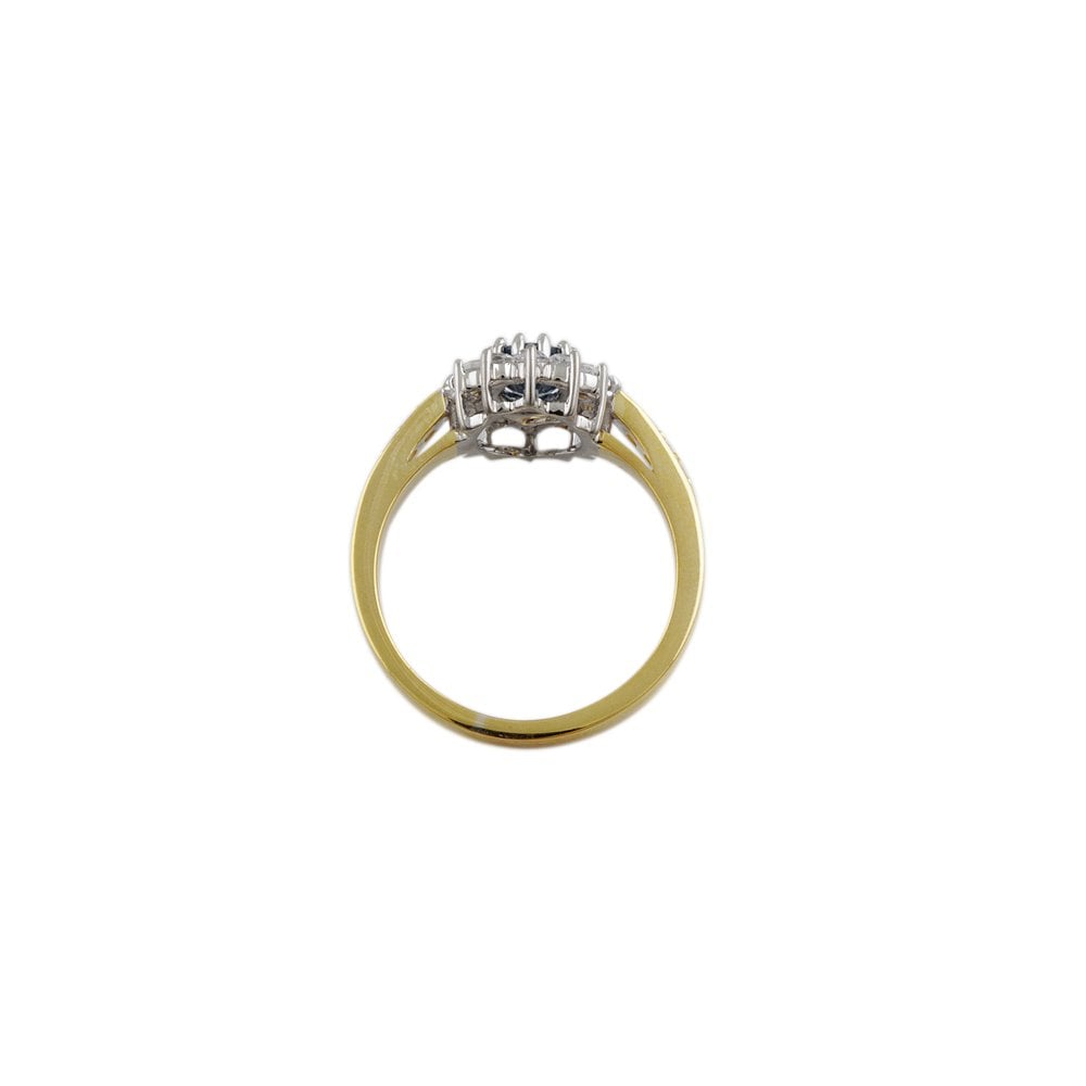 Yellow and White Gold 0.58ct Oval Blue Sapphire and 0.30ct Round Brilliant Diamond Cluster Ring