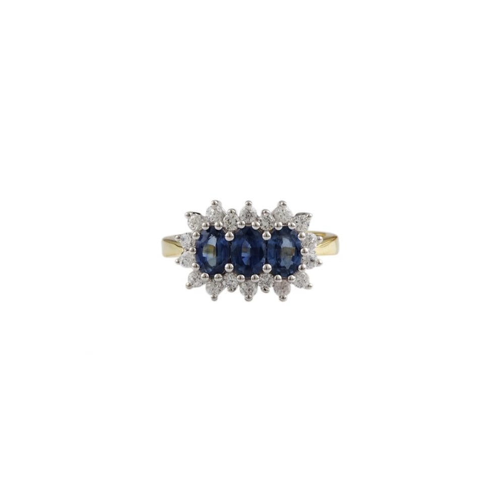 Yellow and White Gold 1.75ct Oval Blue Sapphire and 0.55ct Round Diamond Cluster Ring