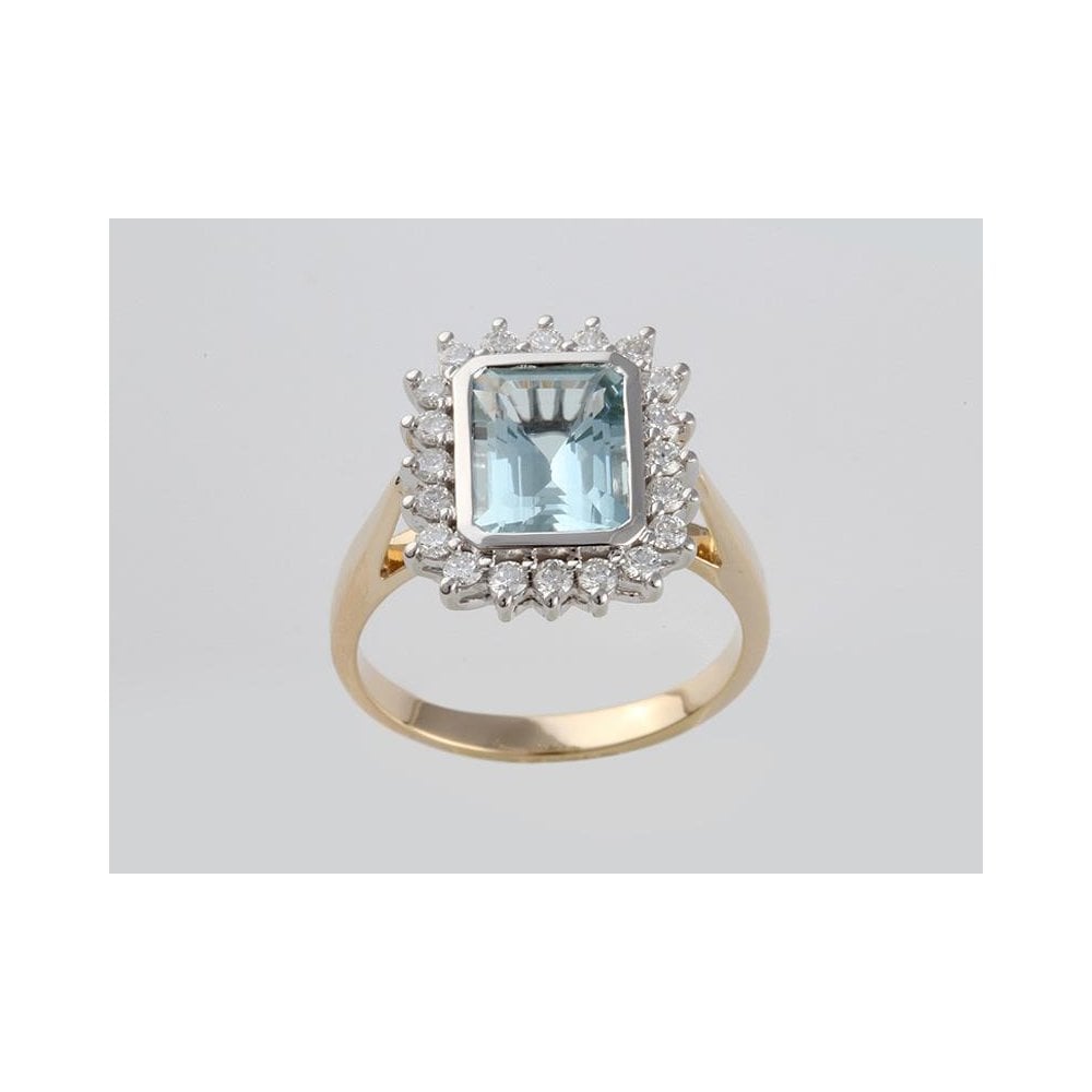 9ct Yellow And White Gold Aquamarine 2.01ct And Diamond 0.44ct Cluster Ring