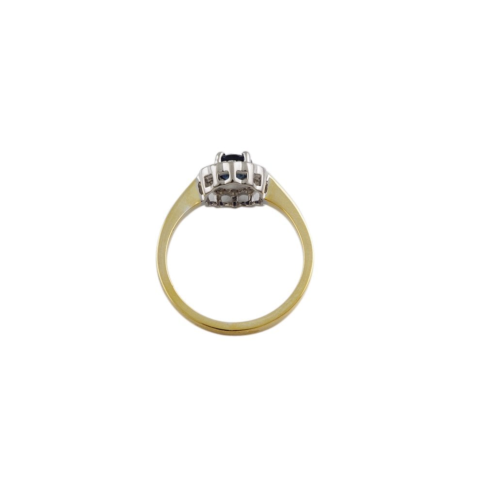 Yellow and White Gold 0.65ct Round Blue Sapphire and 0.18ct Round Brilliant Diamond Cluster Ring