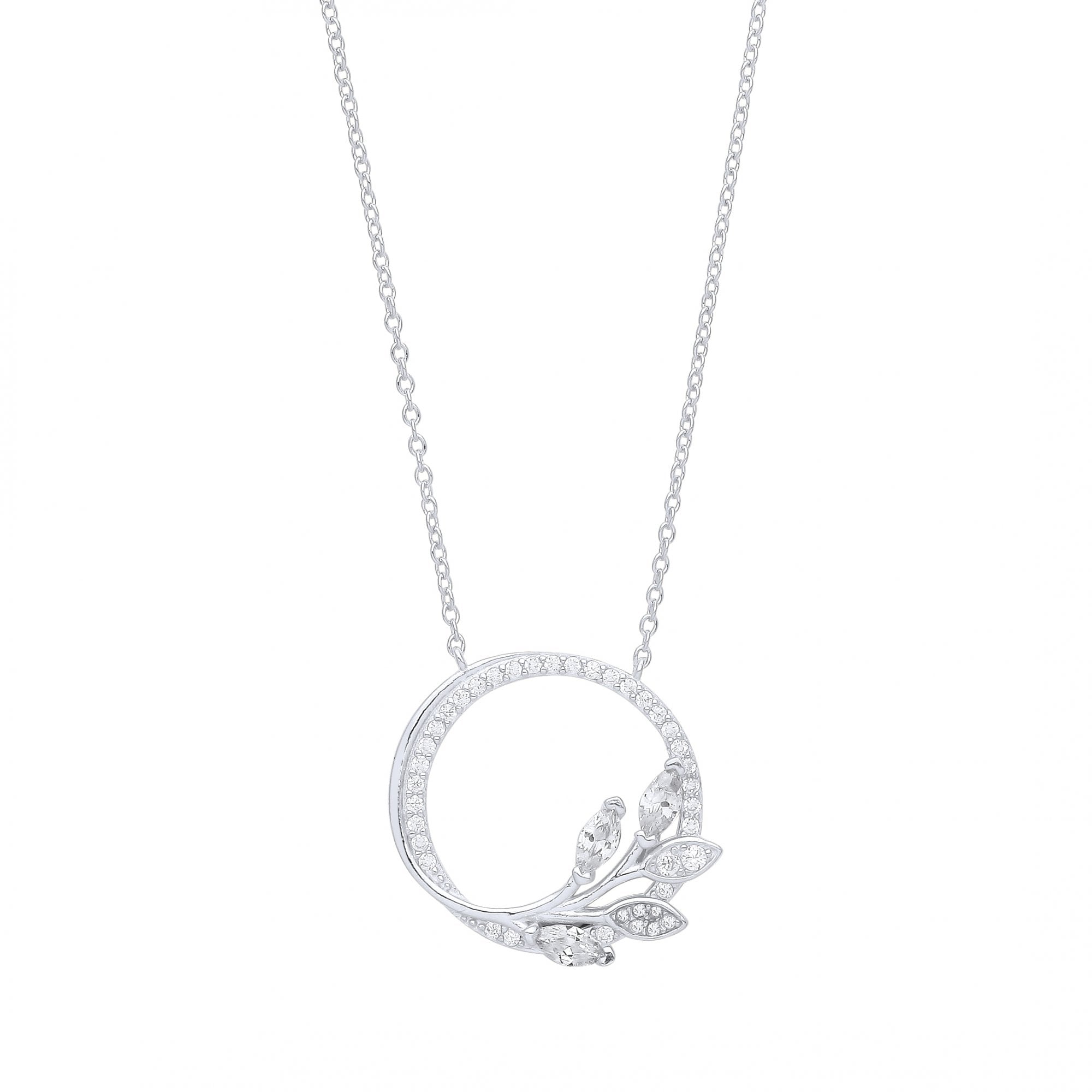 925 Sterling Silver Rhodium Plated CZ Leaf Circle Pendant Necklace