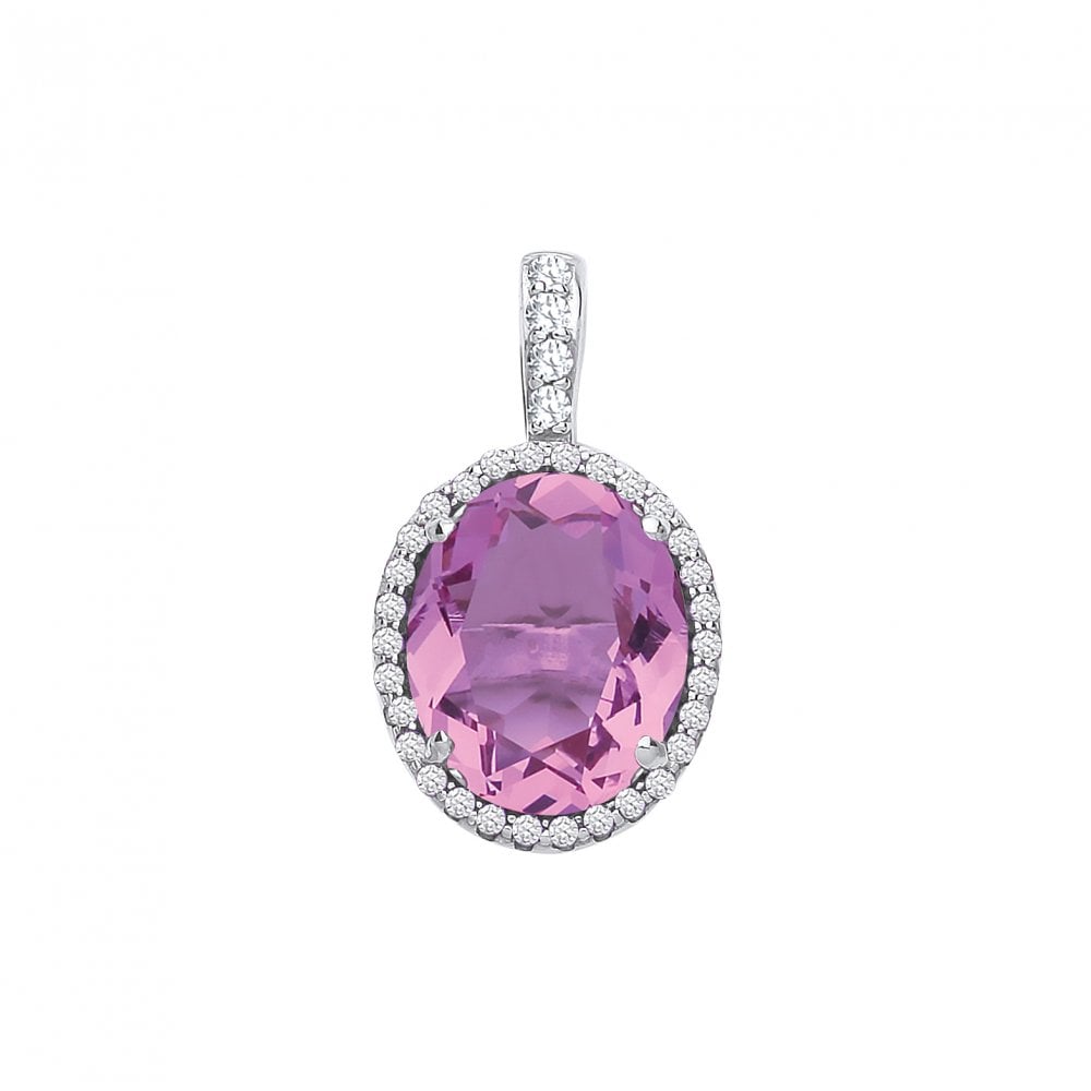 925 Sterling Silver Amethyst CZ Oval Pendant with Colourless CZ's