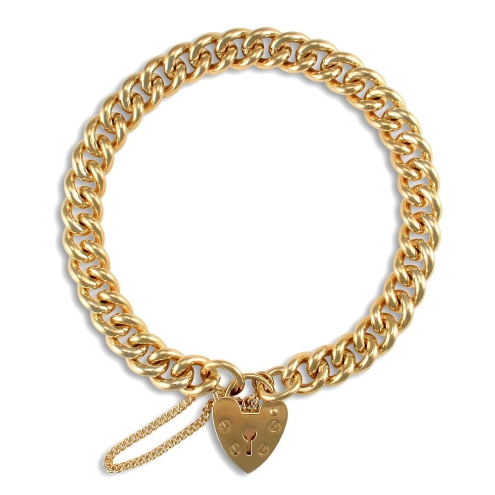 Ladies Solid 9ct Yellow Gold Love Heart Padlock Tight Link 7.5mm Gauge Charm Bracelet.