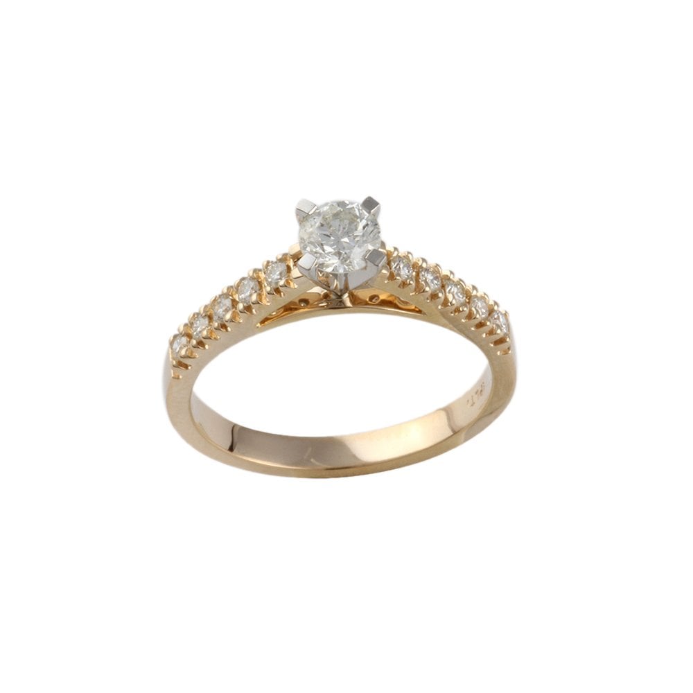 Yellow and White Gold Round Brilliant Diamond Solitaire Ring With Studded Shank