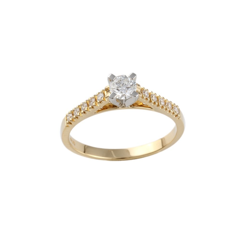 Yellow and White Gold Round Brilliant Diamond Solitaire Ring With Studded Shank