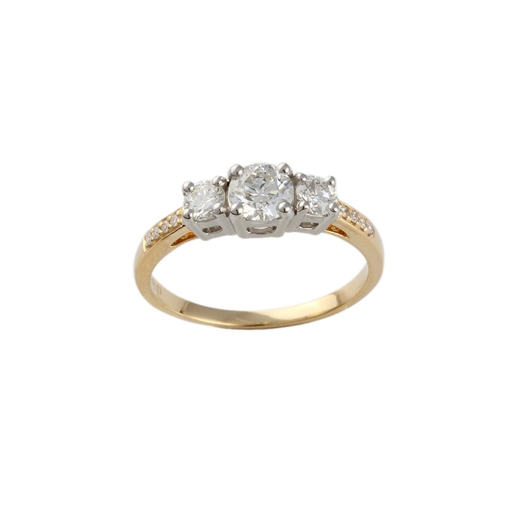 Yellow and White Gold Round Brilliant Diamond Three Stone Ring With Studded Shank 0.65ct