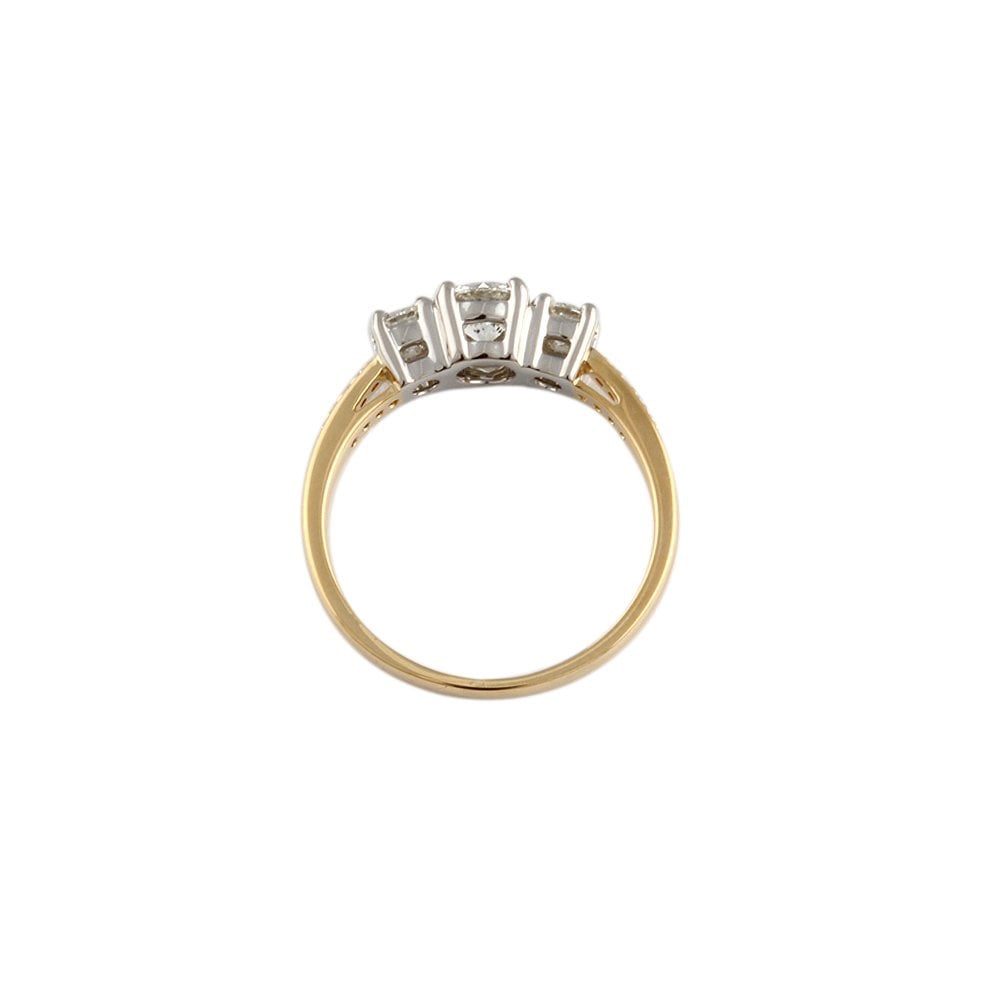 Yellow and White Gold Round Brilliant Diamond Three Stone Ring With Studded Shank 0.65ct