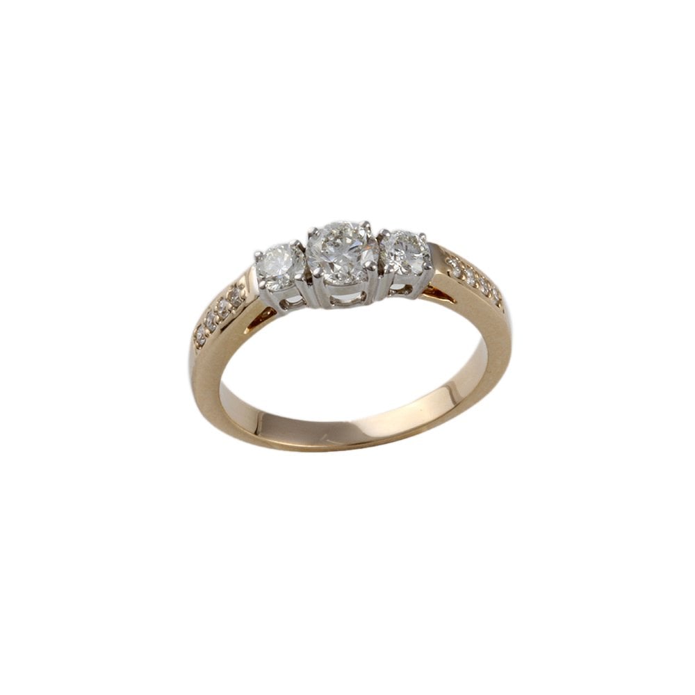 Yellow and White Gold Round Brilliant Diamond Three Stone Ring With Studded Shank 0.75ct