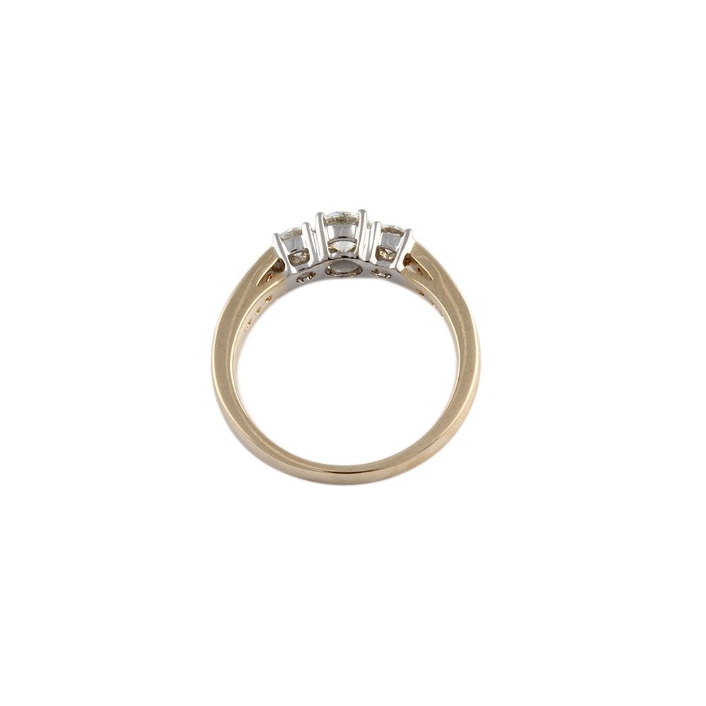 Yellow and White Gold Round Brilliant Diamond Three Stone Ring With Studded Shank 0.75ct