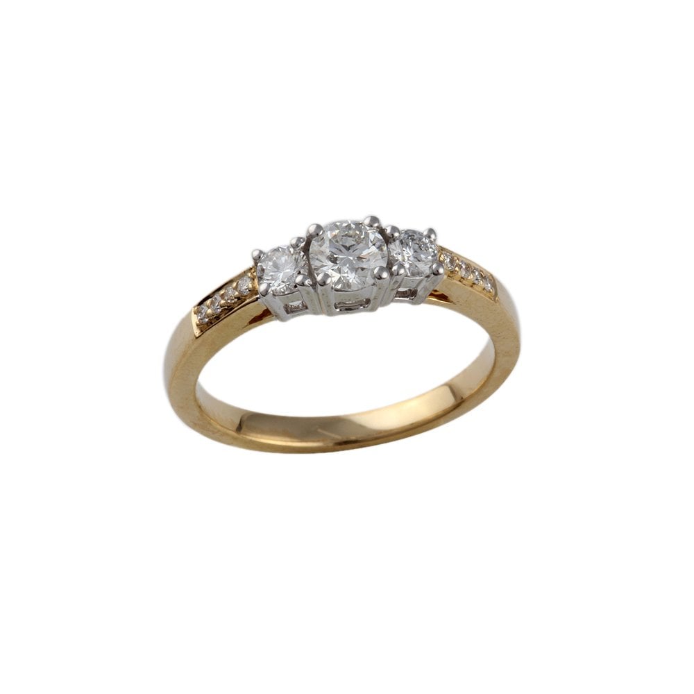 Yellow and White Gold Round Brilliant Diamond Three Stone Ring With Studded Shank 0.50ct