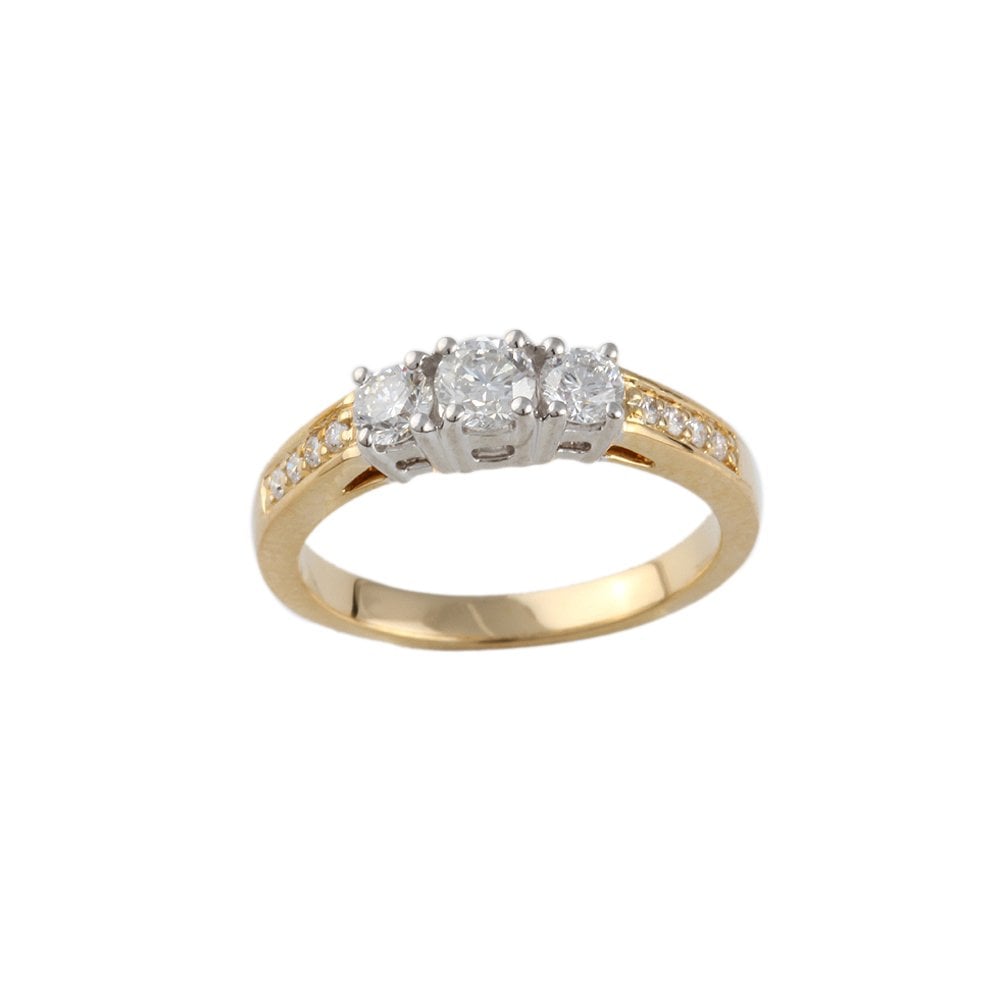 Yellow and White Gold Round Brilliant Diamond Three Stone Ring With Studded Shank 0.60