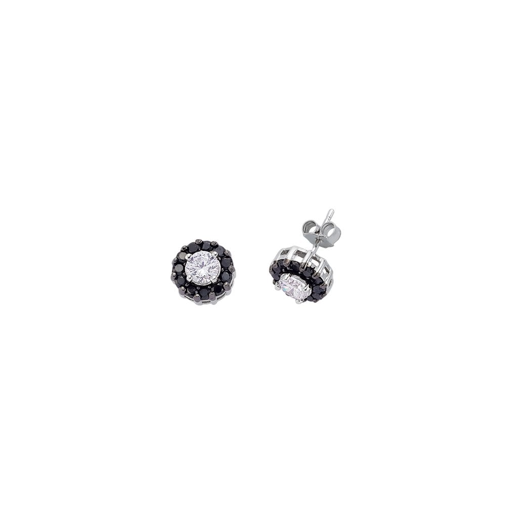 Silver CZ Studs With White Centre Stone & Outer Black Stones