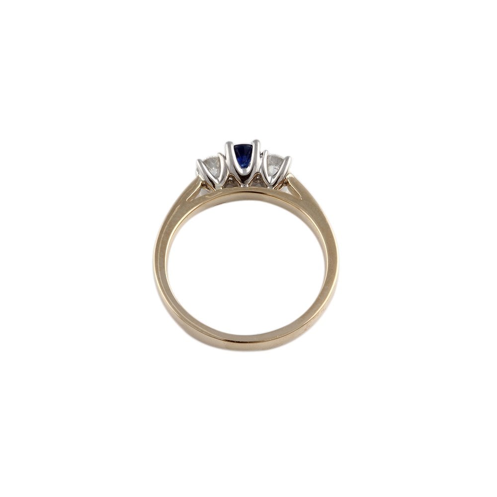 Yellow and White Gold 0.25ct Round Brilliant Diamond and 0.30ct Round Blue Sapphire Three Stone Ring