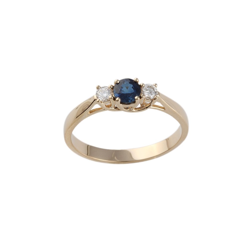 Yellow Gold 0.20ct Round Brilliant Diamond and 0.50ct Round Blue Sapphire Three Stone Ring