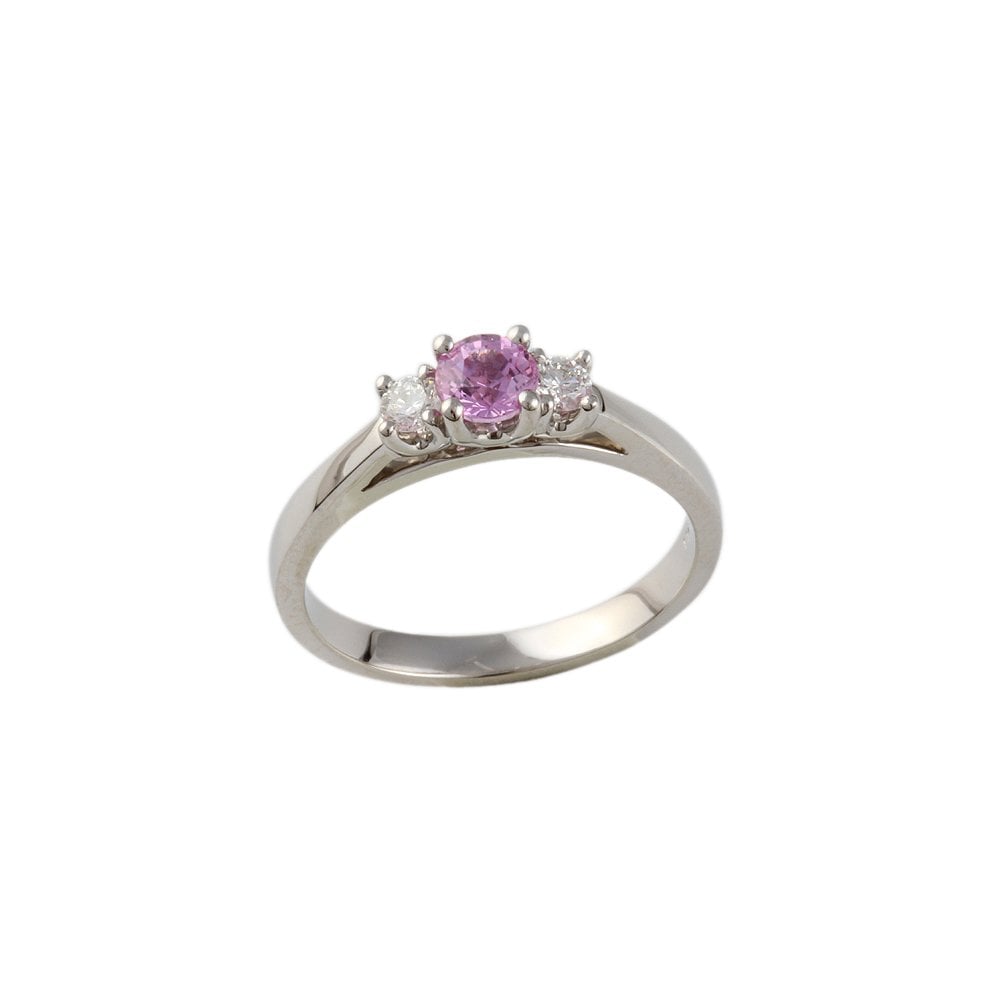 White Gold 0.19ct Round Brilliant Diamond and 0.56ct Round Pink Sapphire Three Stone Ring