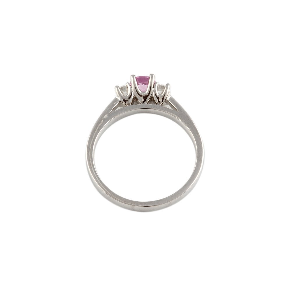 White Gold 0.19ct Round Brilliant Diamond and 0.56ct Round Pink Sapphire Three Stone Ring