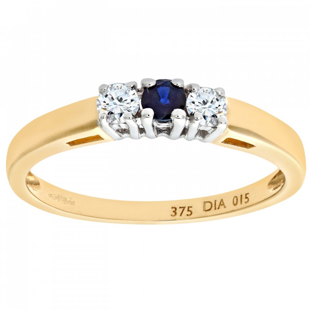 SPARKLD 9ct Yellow Gold 0.15ct Round Cut Diamond and Sapphire Four Claw Set Three Stone Ring