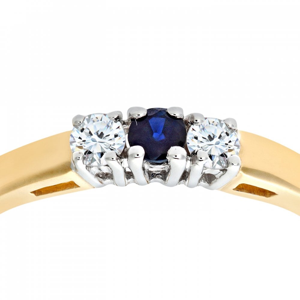 SPARKLD 9ct Yellow Gold 0.15ct Round Cut Diamond and Sapphire Four Claw Set Three Stone Ring