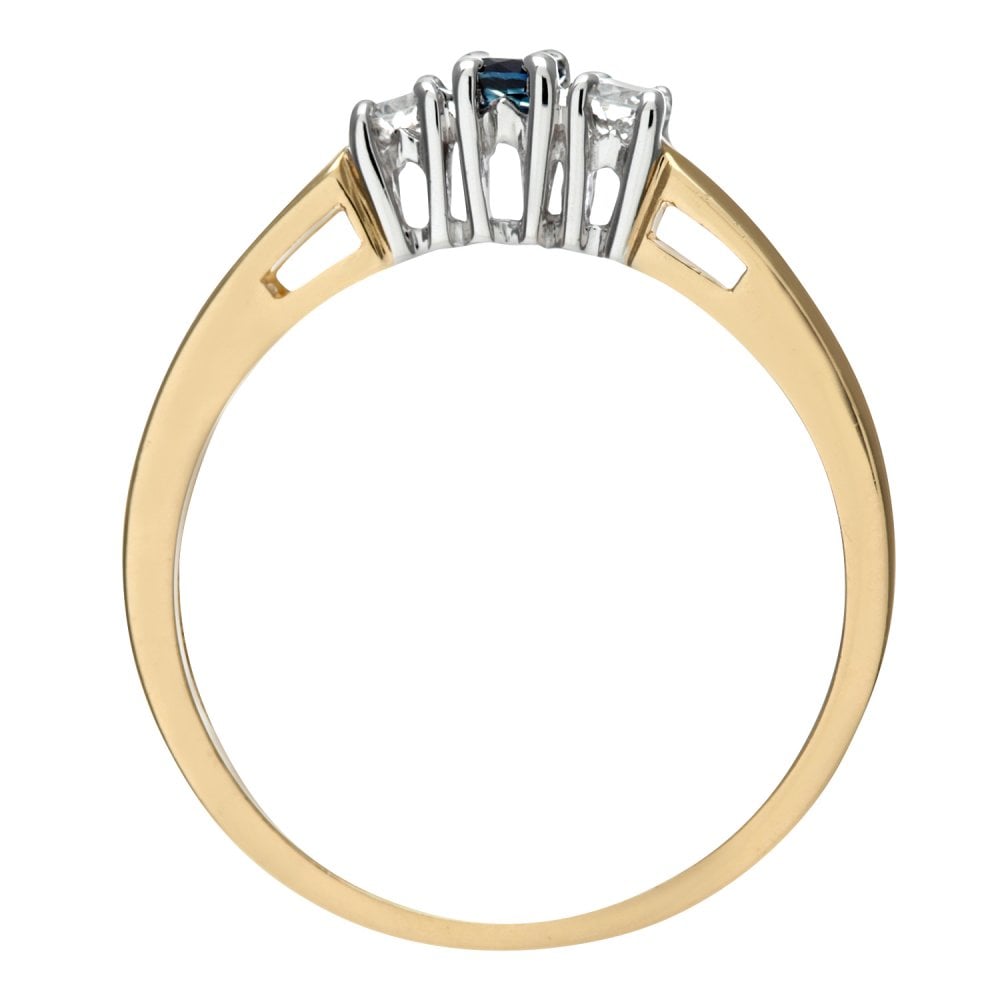 SPARKLD 9ct Yellow Gold 0.15ct Round Cut Diamond and Sapphire Four Claw Set Three Stone Ring