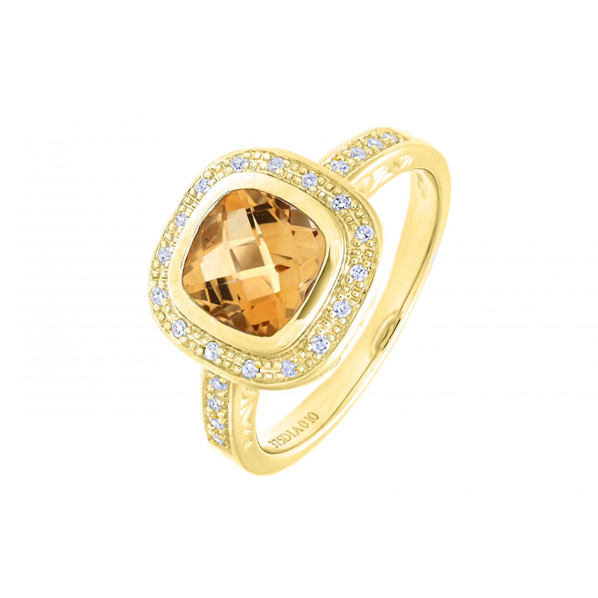 SPARKLD 9ct Yellow Gold Cushion Shaped Citrine And Diamond Ring