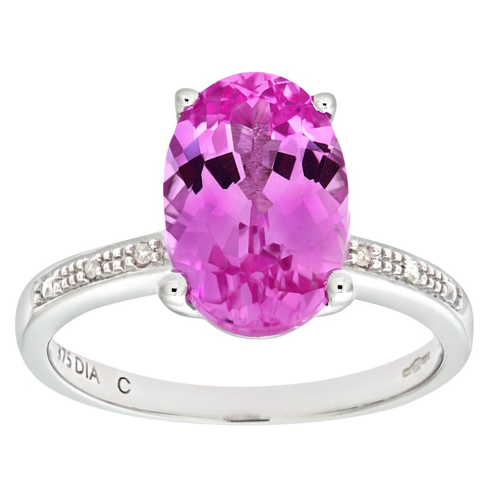 SPARKLD 9ct White Gold Single Stone Pink Sapphire with Diamond Collette and Shoulders Ladies Ring