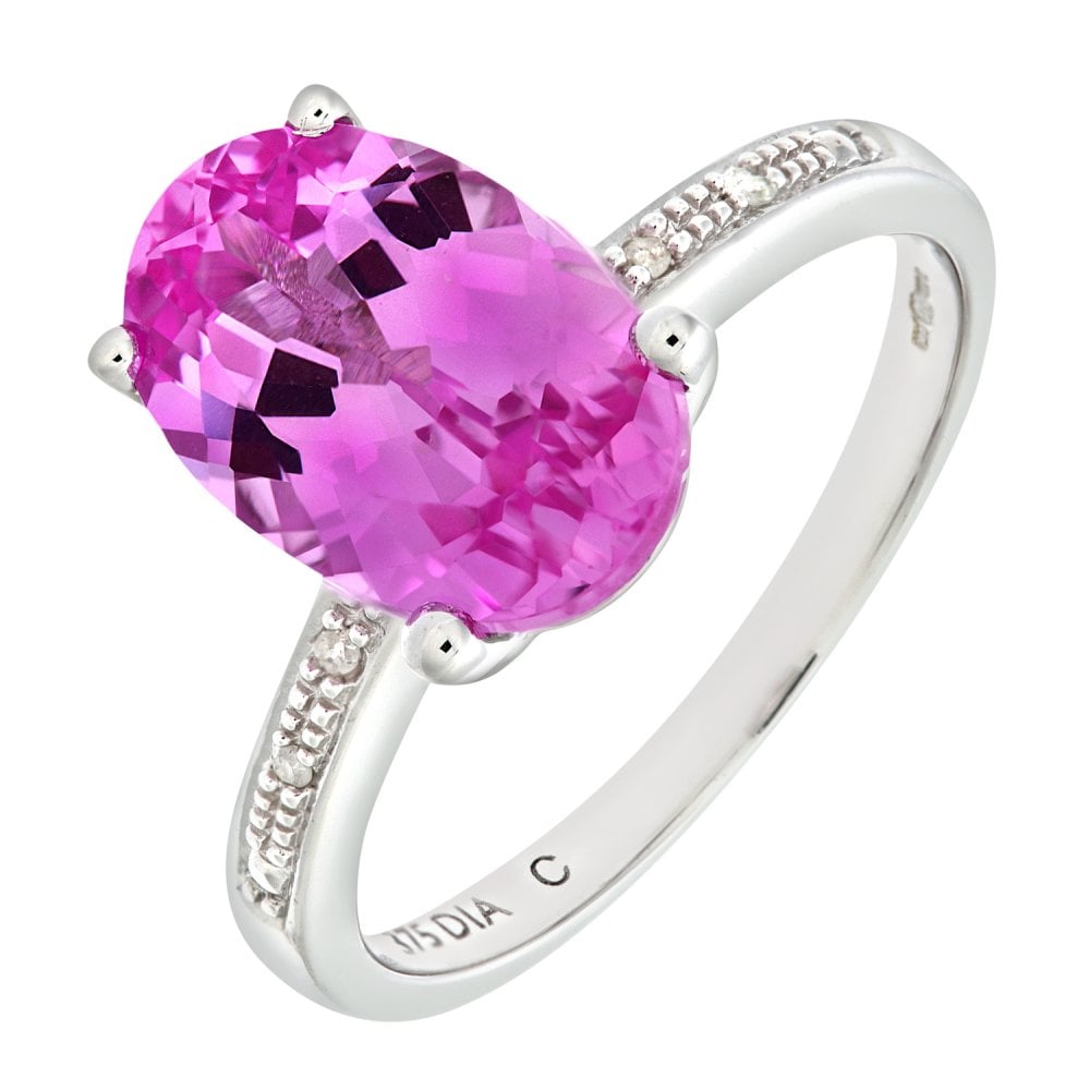 SPARKLD 9ct White Gold Single Stone Pink Sapphire with Diamond Collette and Shoulders Ladies Ring