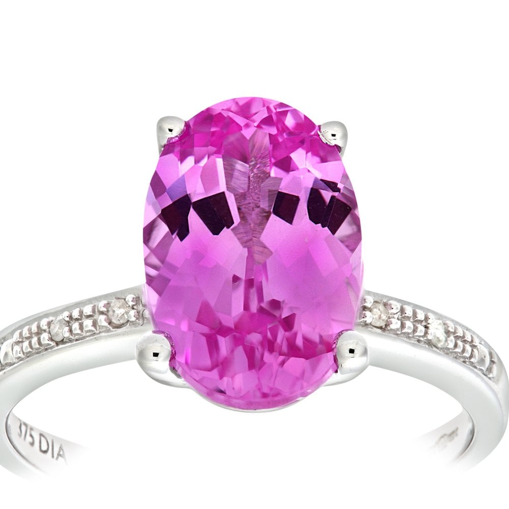 SPARKLD 9ct White Gold Single Stone Pink Sapphire with Diamond Collette and Shoulders Ladies Ring